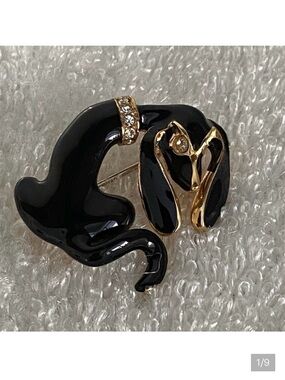 Dachshund Brooch Pin Black Enamel Clear Rhinestones Unisex